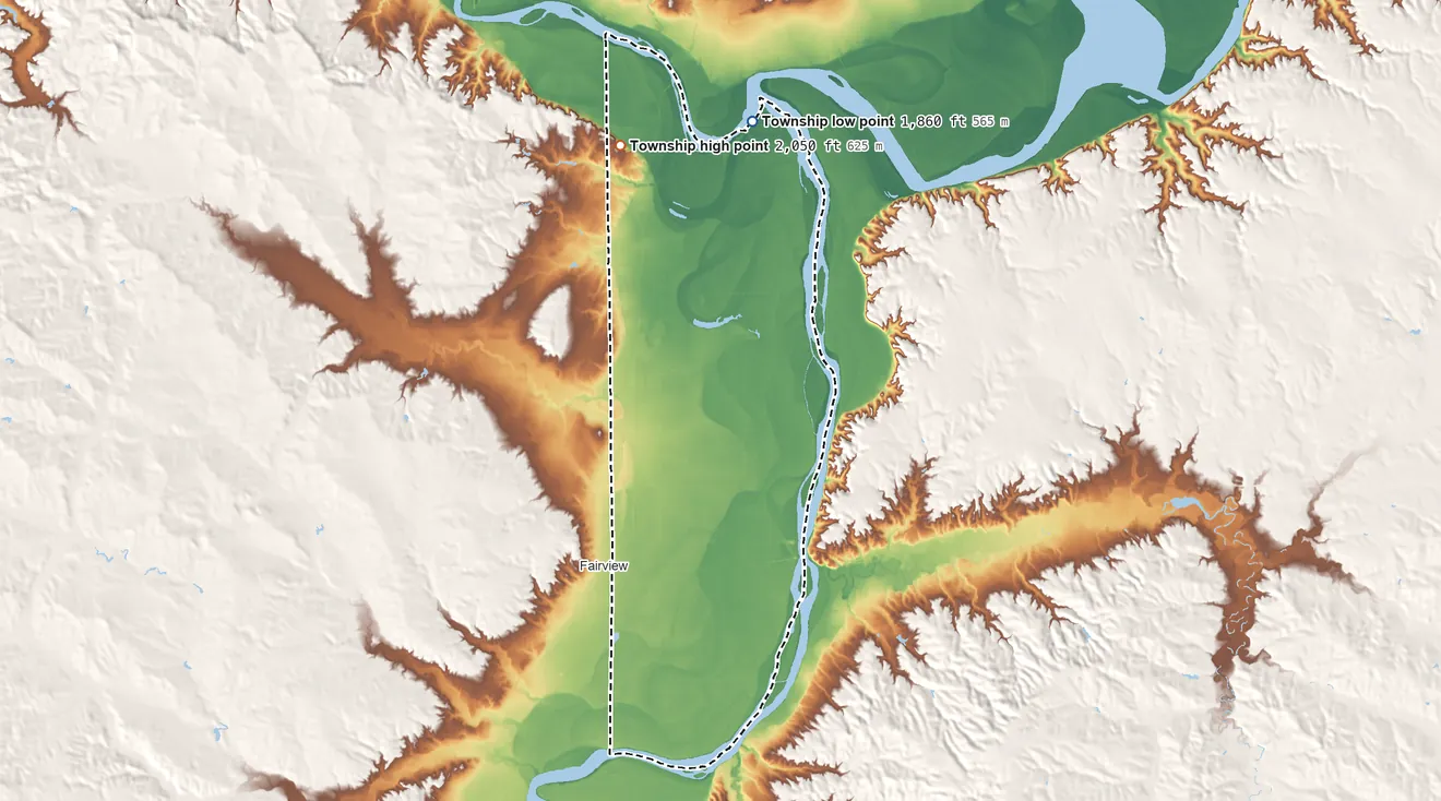Topographic elevation map of Yellowstone Township, North Dakota, shaded from 1,860 ft on the north side to 2,050 ft on the north side