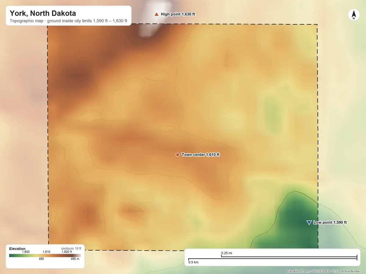 Topographic elevation map of York, North Dakota, shaded from 1,590 ft on the southeast side to 1,630 ft on the north side