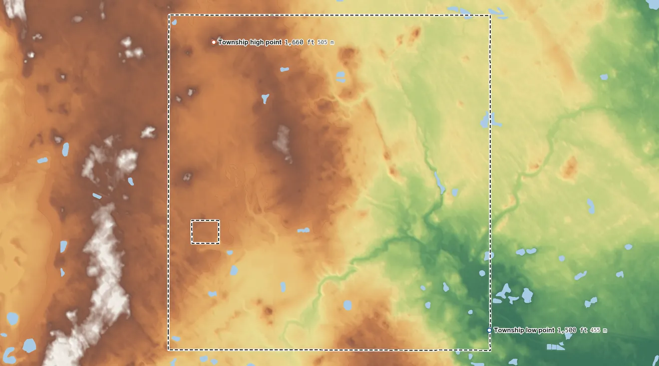 Topographic elevation map of York Township, North Dakota, shaded from 1,500 ft on the southeast side to 1,660 ft on the northwest side