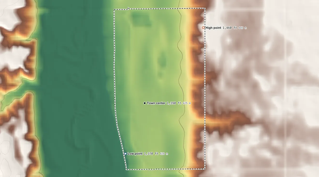 Topographic elevation map of Ypsilanti, North Dakota, shaded from 1,370 ft on the south side to 1,460 ft on the northeast side