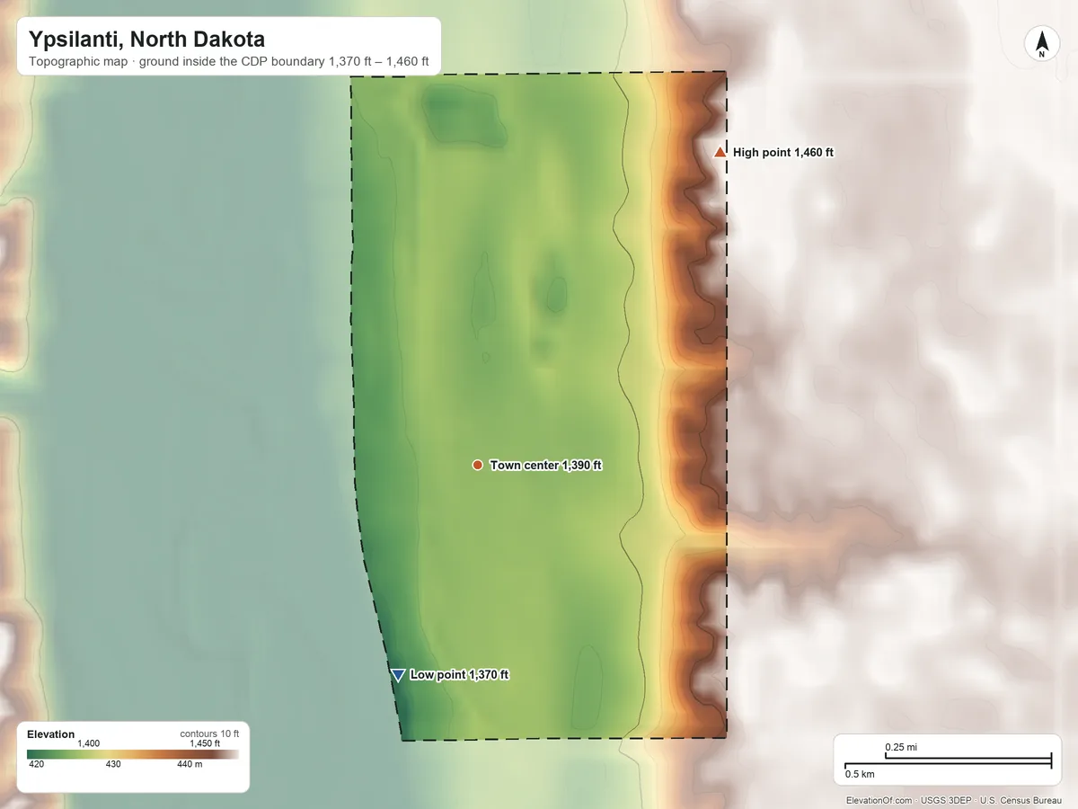 Topographic elevation map of Ypsilanti, North Dakota, shaded from 1,370 ft on the south side to 1,460 ft on the northeast side