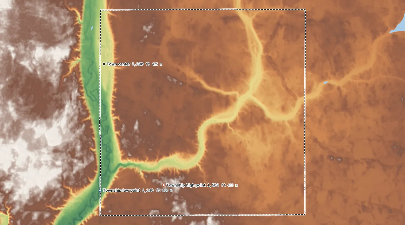 Topographic elevation map of Ypsilanti Township, North Dakota, shaded from 1,340 ft on the south side to 1,500 ft on the southeast side