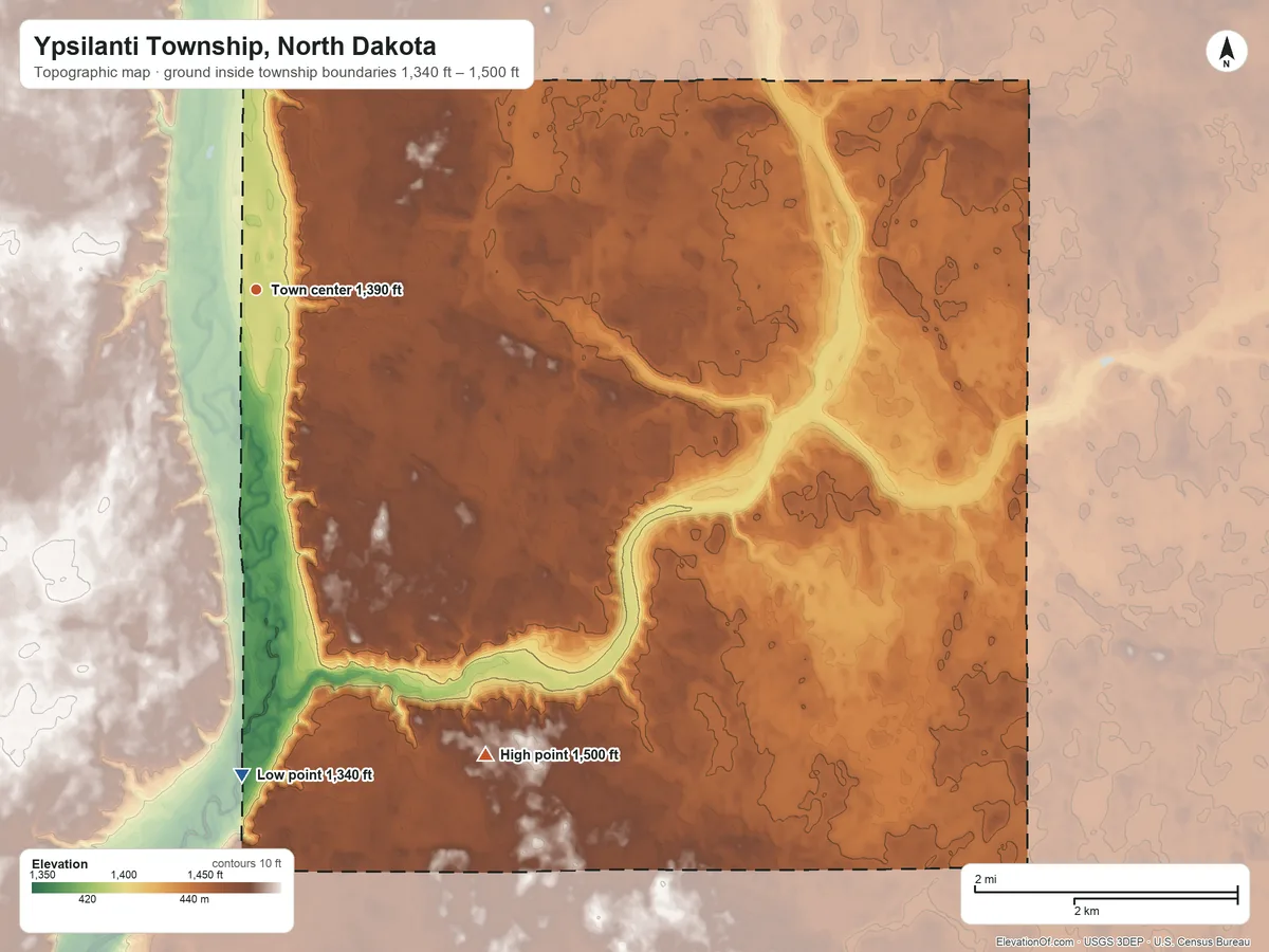 Topographic elevation map of Ypsilanti Township, North Dakota, shaded from 1,340 ft on the south side to 1,500 ft on the southeast side