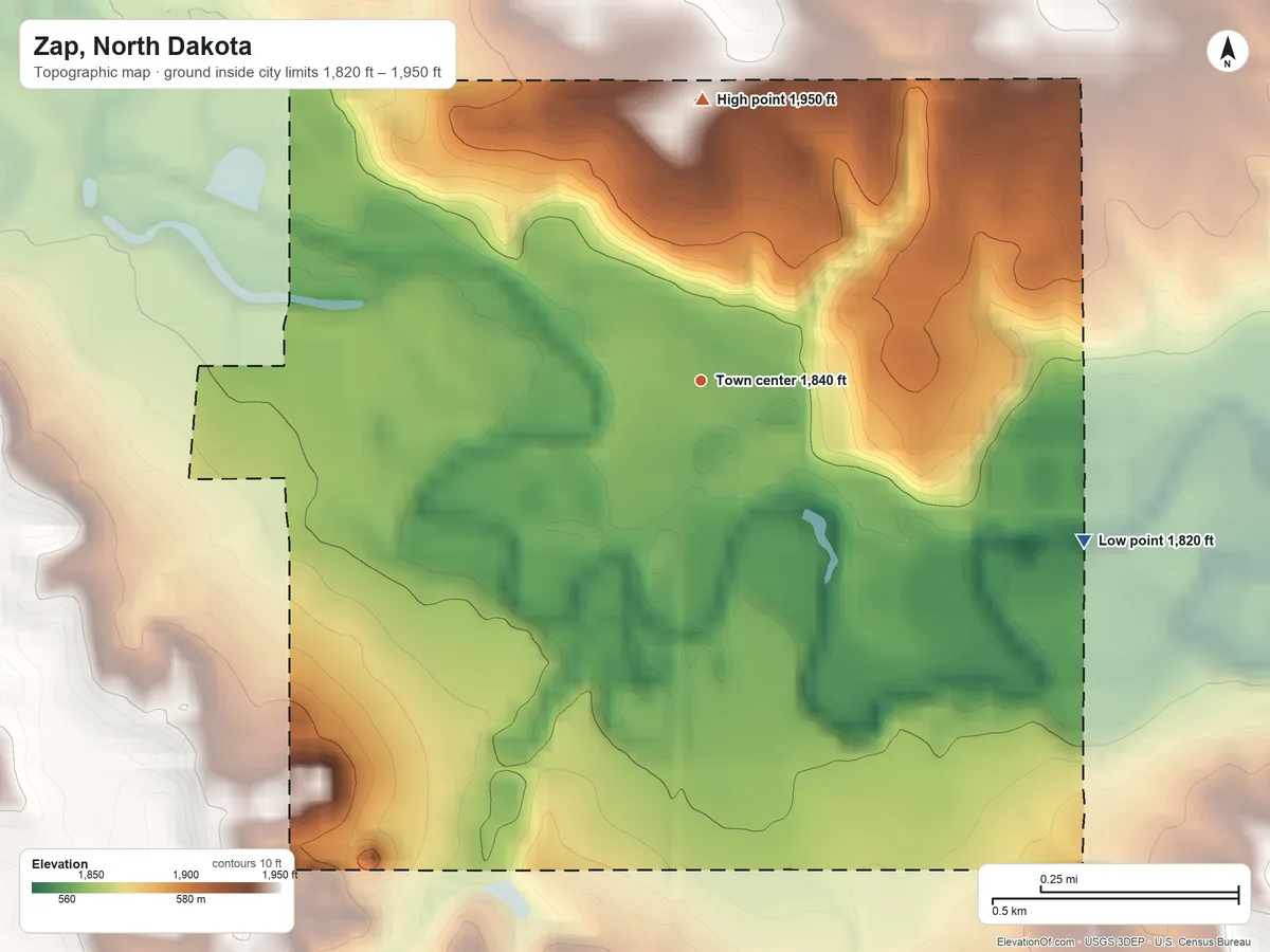 Topographic elevation map of Zap, North Dakota, shaded from 1,820 ft on the southeast side to 1,950 ft on the north side