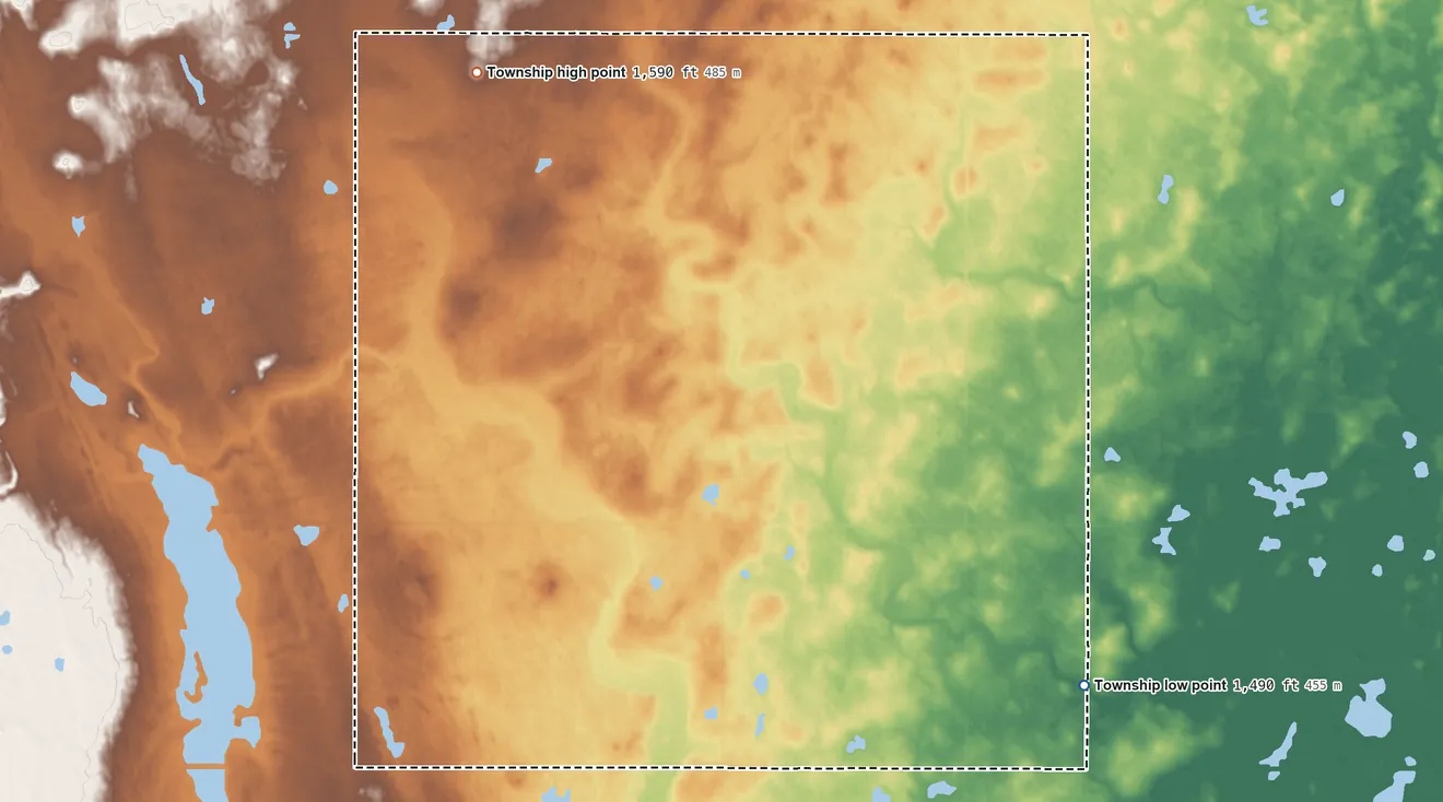 Topographic elevation map of Zion Township, North Dakota, shaded from 1,490 ft on the southeast side to 1,590 ft on the northwest side