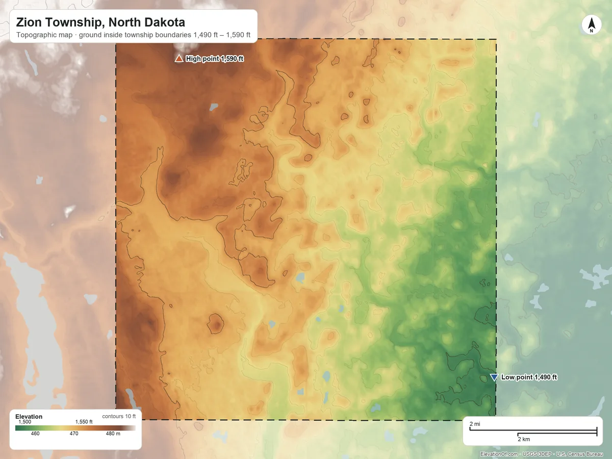 Topographic elevation map of Zion Township, North Dakota, shaded from 1,490 ft on the southeast side to 1,590 ft on the northwest side