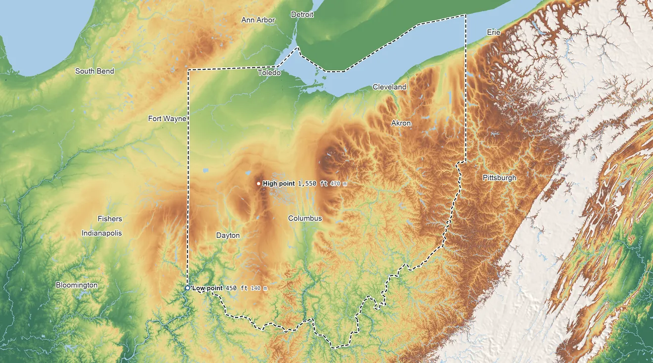 Topographic elevation map of Ohio, shaded from 450 ft on the southwest side to 1,550 ft on Campbell Hill