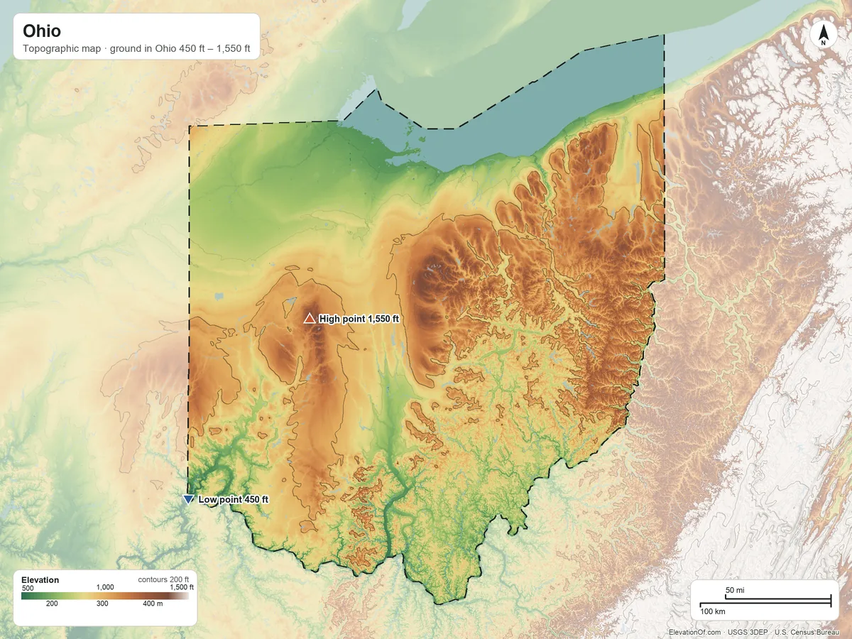 Topographic elevation map of Ohio, shaded from 450 ft on the southwest side to 1,550 ft on Campbell Hill