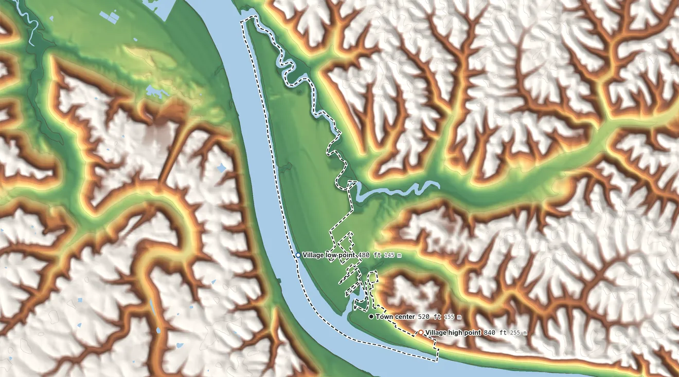 Topographic elevation map of Aberdeen, Ohio, shaded from 480 ft on the northwest side to 840 ft on the east side