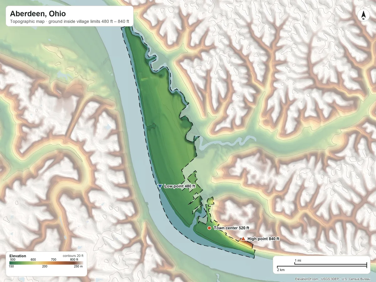 Topographic elevation map of Aberdeen, Ohio, shaded from 480 ft on the northwest side to 840 ft on the east side