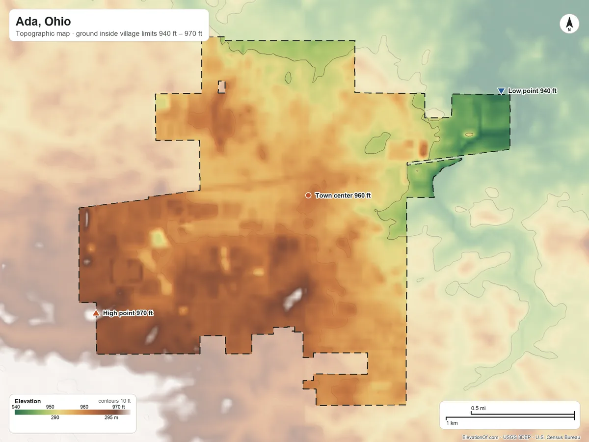 Topographic elevation map of Ada, Ohio, shaded from 940 ft on the northeast side to 970 ft on the southwest side