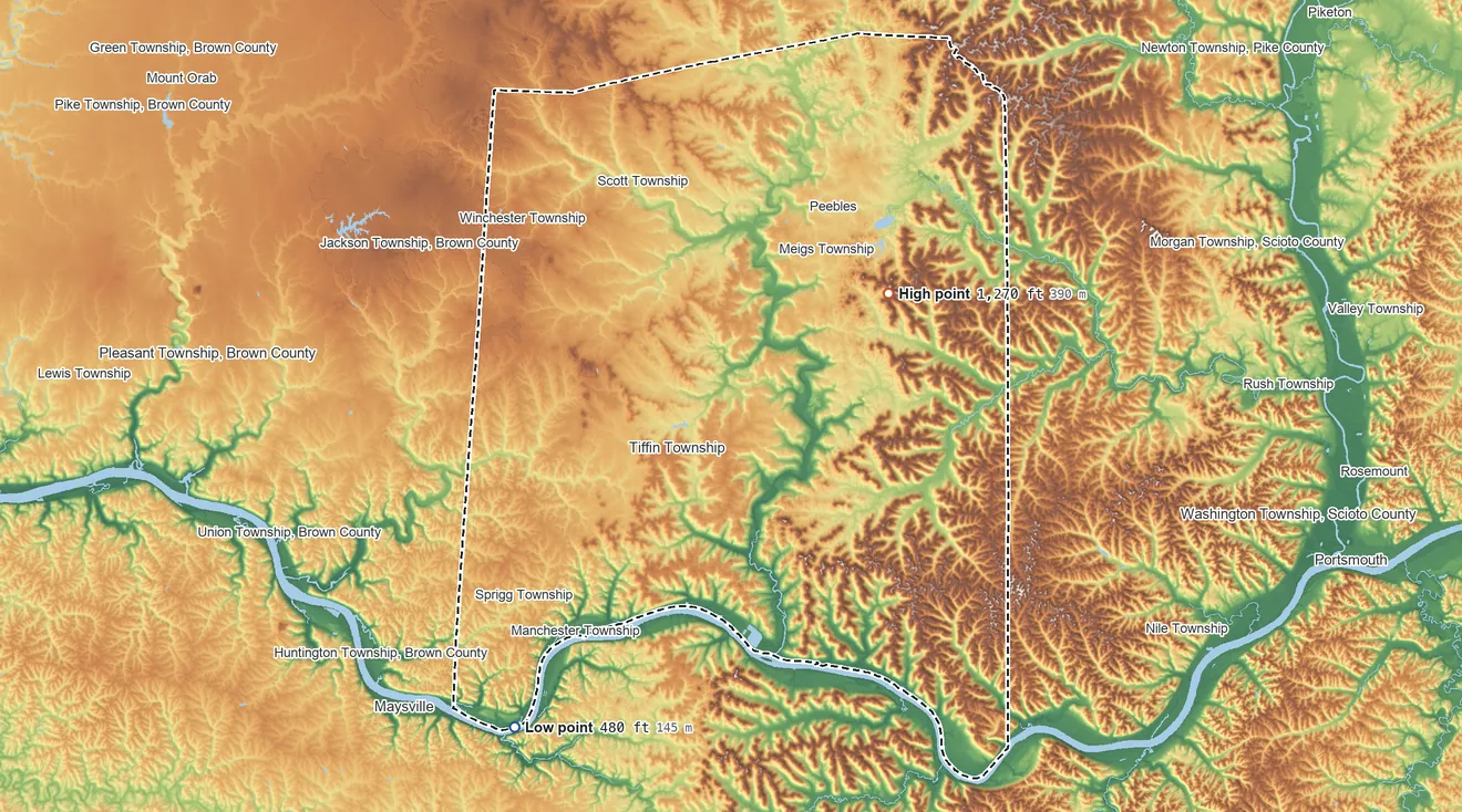 Topographic elevation map of Adams County, Ohio, shaded from 480 ft on the southwest side to 1,270 ft on Peach Mountain
