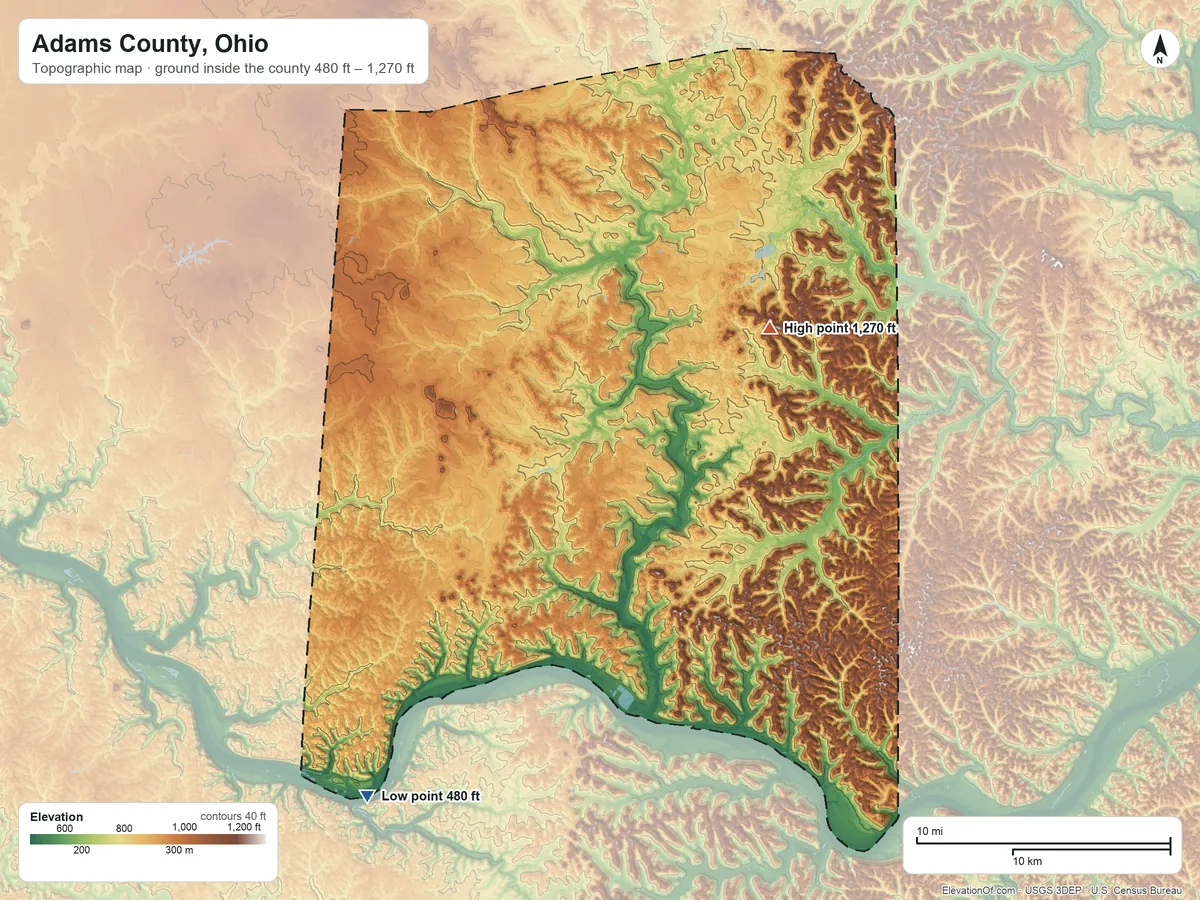 Topographic elevation map of Adams County, Ohio, shaded from 480 ft on the southwest side to 1,270 ft on Peach Mountain