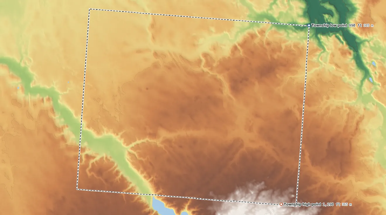 Topographic elevation map of Adams Township, Champaign County, Ohio, shaded from 990 ft on the northeast side to 1,190 ft on the southeast side