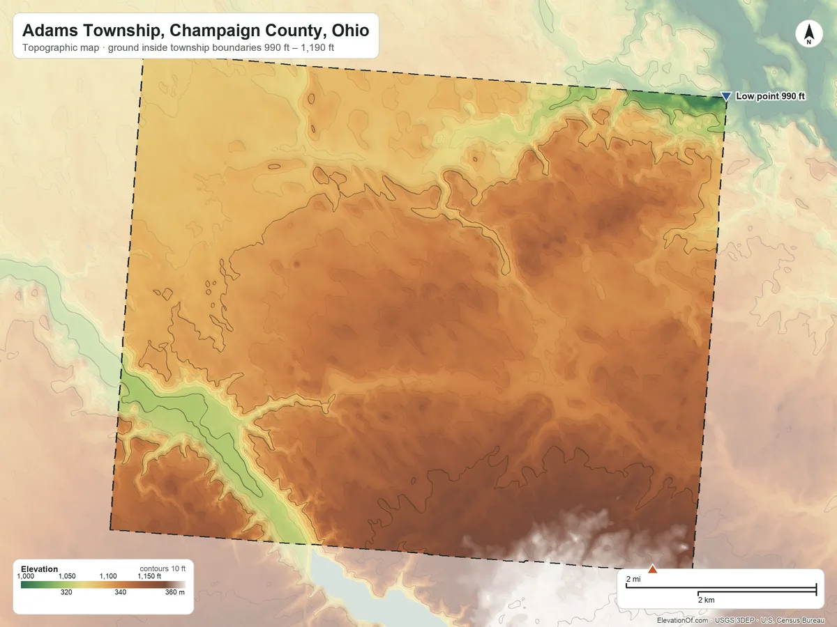 Topographic elevation map of Adams Township, Champaign County, Ohio, shaded from 990 ft on the northeast side to 1,190 ft on the southeast side