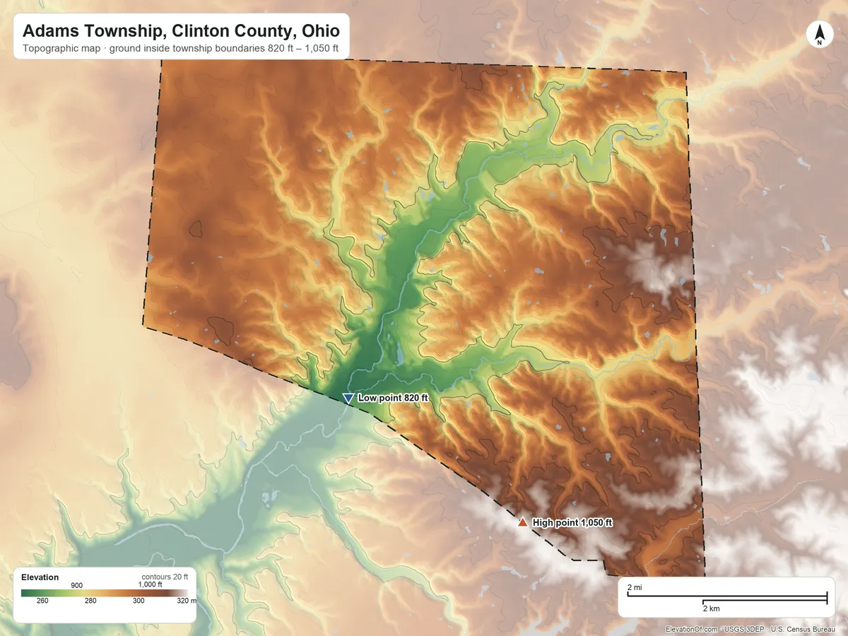 Topographic elevation map of Adams Township, Clinton County, Ohio, shaded from 820 ft on the southwest side to 1,050 ft on the south side