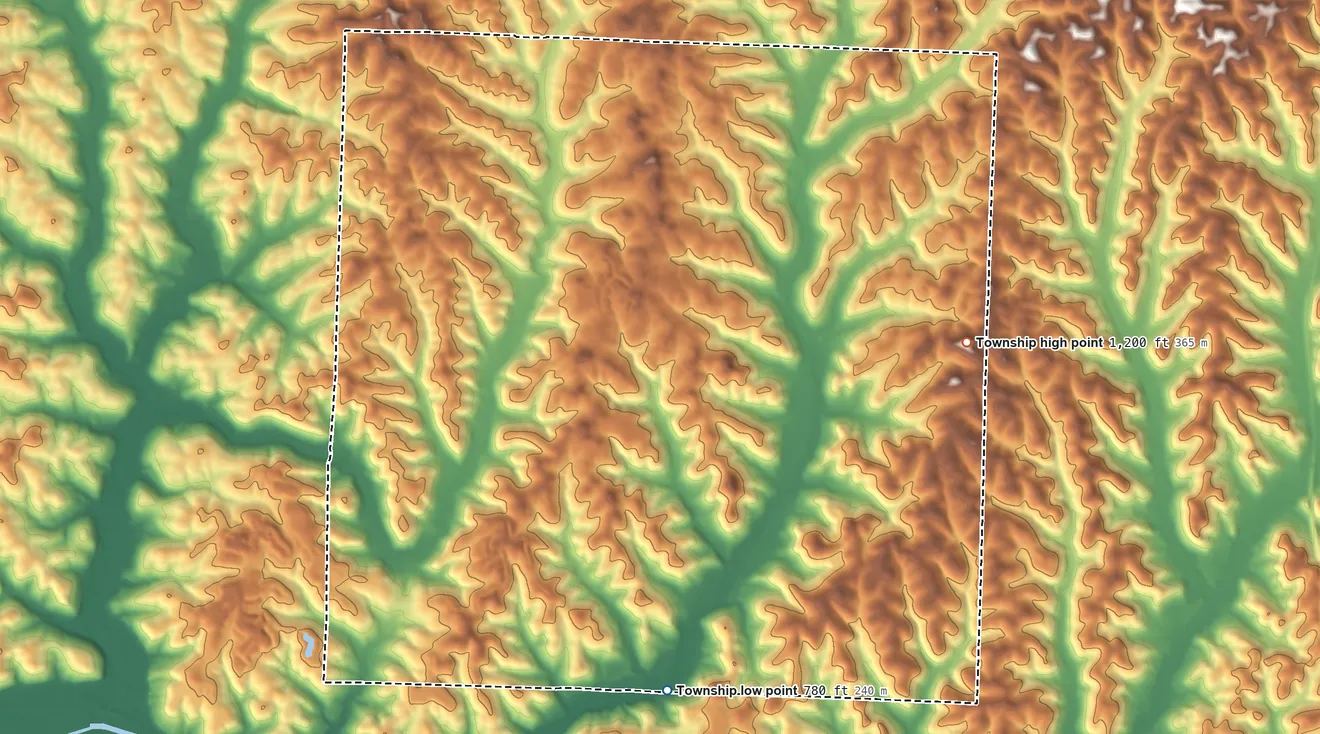 Topographic elevation map of Adams Township, Coshocton County, Ohio, shaded from 780 ft on the south side to 1,200 ft on the east side