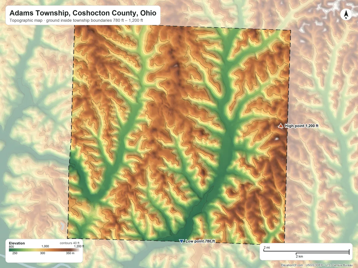 Topographic elevation map of Adams Township, Coshocton County, Ohio, shaded from 780 ft on the south side to 1,200 ft on the east side