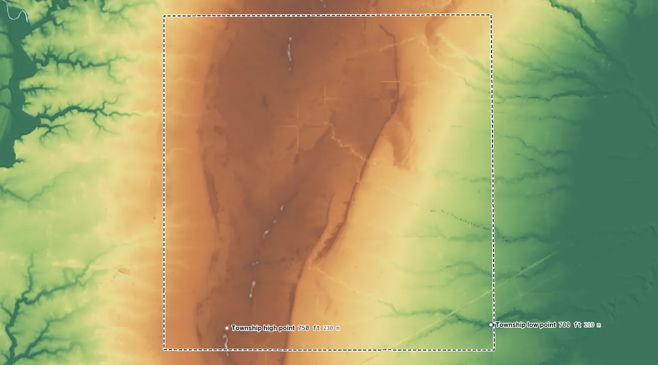Topographic elevation map of Adams Township, Defiance County, Ohio, shaded from 700 ft on the southeast side to 750 ft on the southwest side