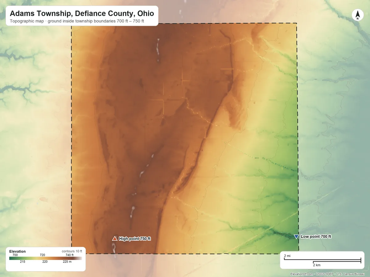 Topographic elevation map of Adams Township, Defiance County, Ohio, shaded from 700 ft on the southeast side to 750 ft on the southwest side