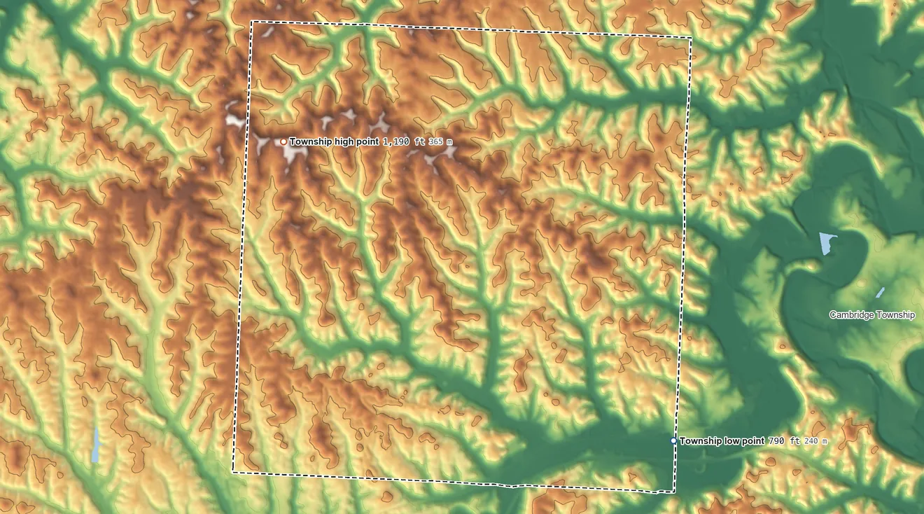 Topographic elevation map of Adams Township, Guernsey County, Ohio, shaded from 790 ft on the southeast side to 1,190 ft on the northwest side