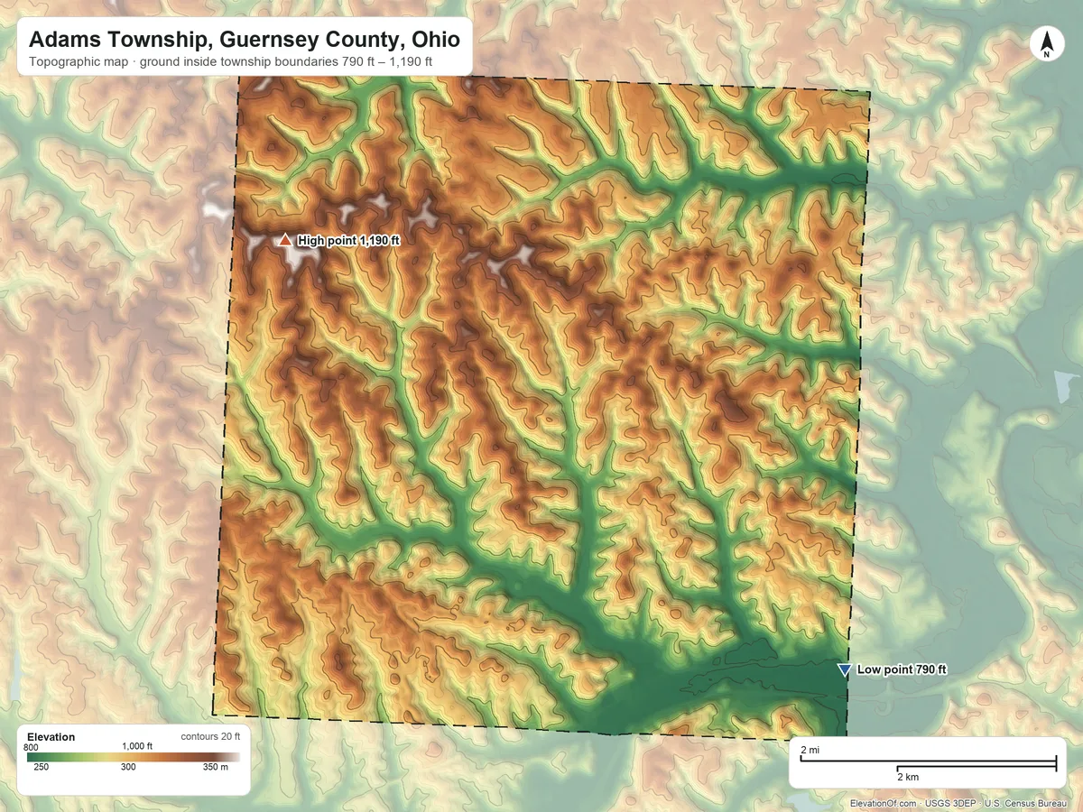 Topographic elevation map of Adams Township, Guernsey County, Ohio, shaded from 790 ft on the southeast side to 1,190 ft on the northwest side