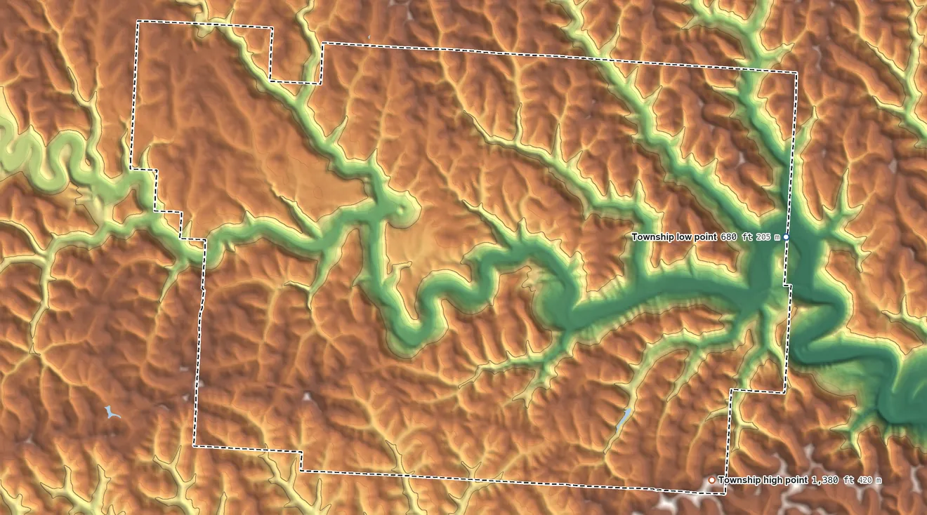 Topographic elevation map of Adams Township, Monroe County, Ohio, shaded from 680 ft on the east side to 1,380 ft on the southeast side
