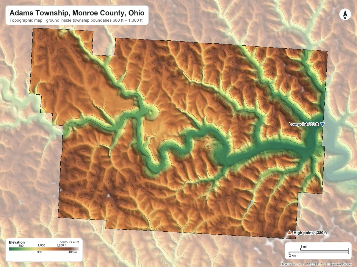 Topographic elevation map of Adams Township, Monroe County, Ohio, shaded from 680 ft on the east side to 1,380 ft on the southeast side