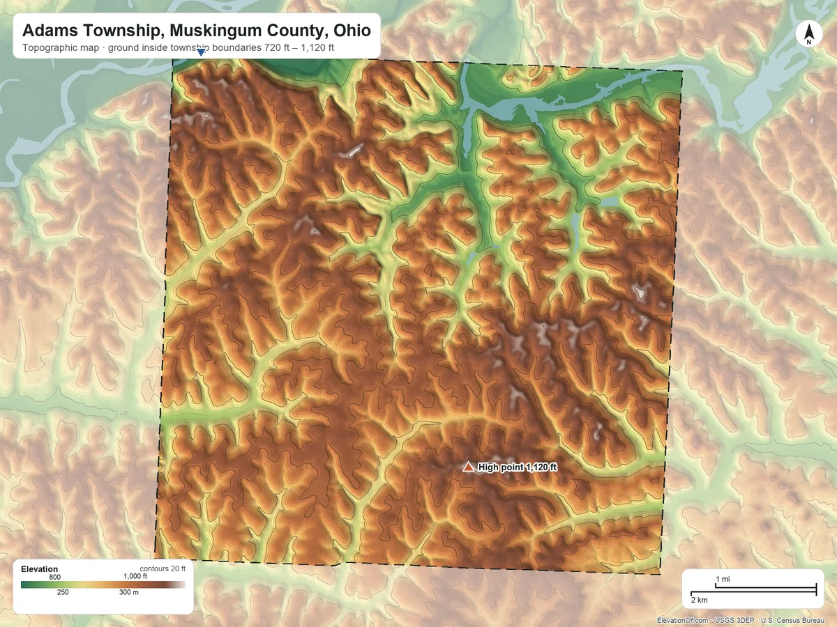 Topographic elevation map of Adams Township, Muskingum County, Ohio, shaded from 720 ft on the northwest side to 1,120 ft near the middle