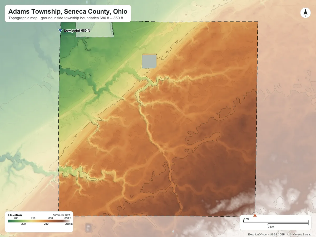 Topographic elevation map of Adams Township, Seneca County, Ohio, shaded from 680 ft on the northwest side to 860 ft on the southeast side