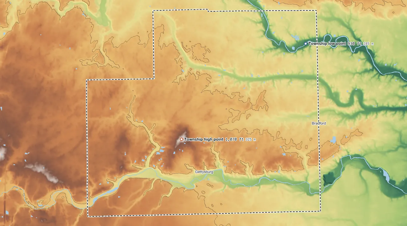 Topographic elevation map of Adams Township, Ohio, shaded from 930 ft on the northeast side to 1,070 ft on the west side