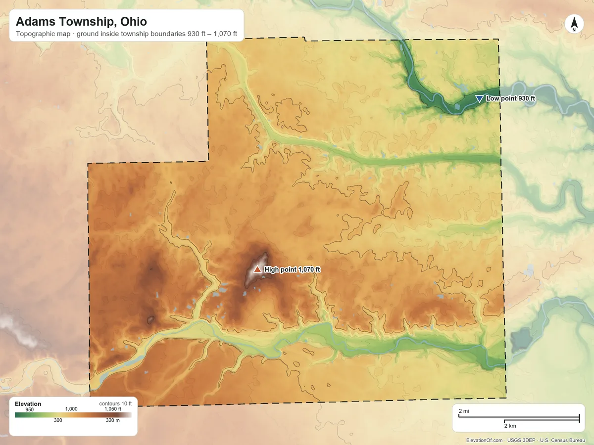 Topographic elevation map of Adams Township, Ohio, shaded from 930 ft on the northeast side to 1,070 ft on the west side