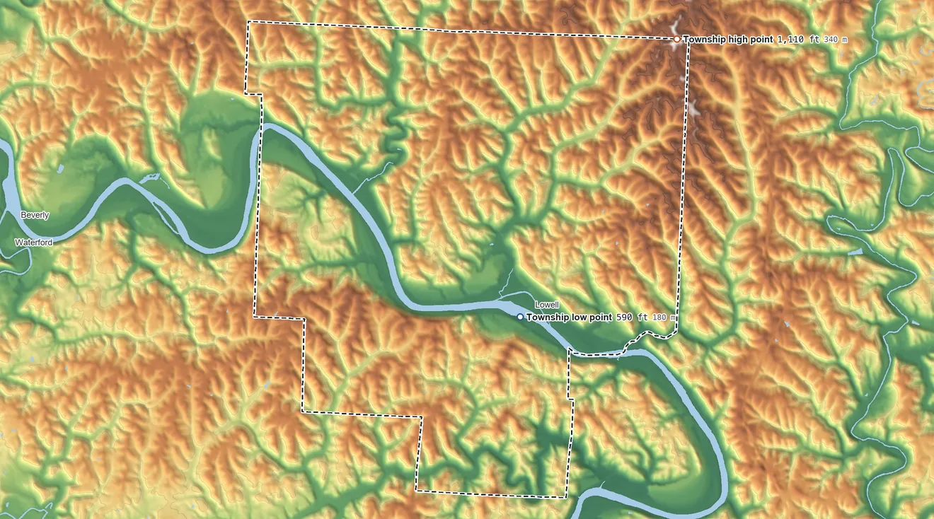 Topographic elevation map of Adams Township, Washington County, Ohio, shaded from 590 ft near the middle to 1,110 ft on the northeast side
