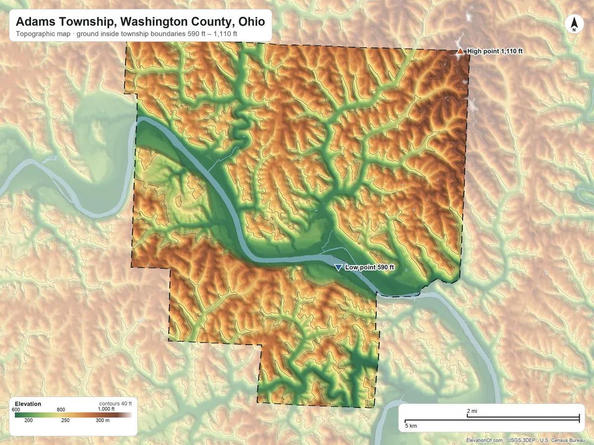 Topographic elevation map of Adams Township, Washington County, Ohio, shaded from 590 ft near the middle to 1,110 ft on the northeast side