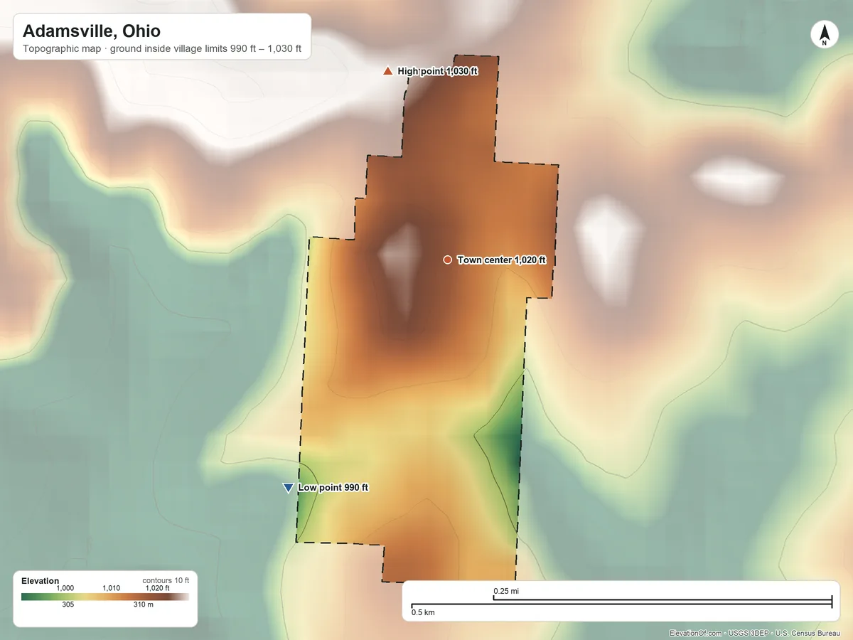 Topographic elevation map of Adamsville, Ohio, shaded from 990 ft on the southwest side to 1,030 ft on the north side