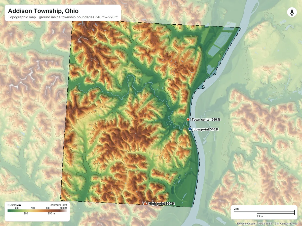 Topographic elevation map of Addison Township, Ohio, shaded from 540 ft near the middle to 920 ft on the southwest side