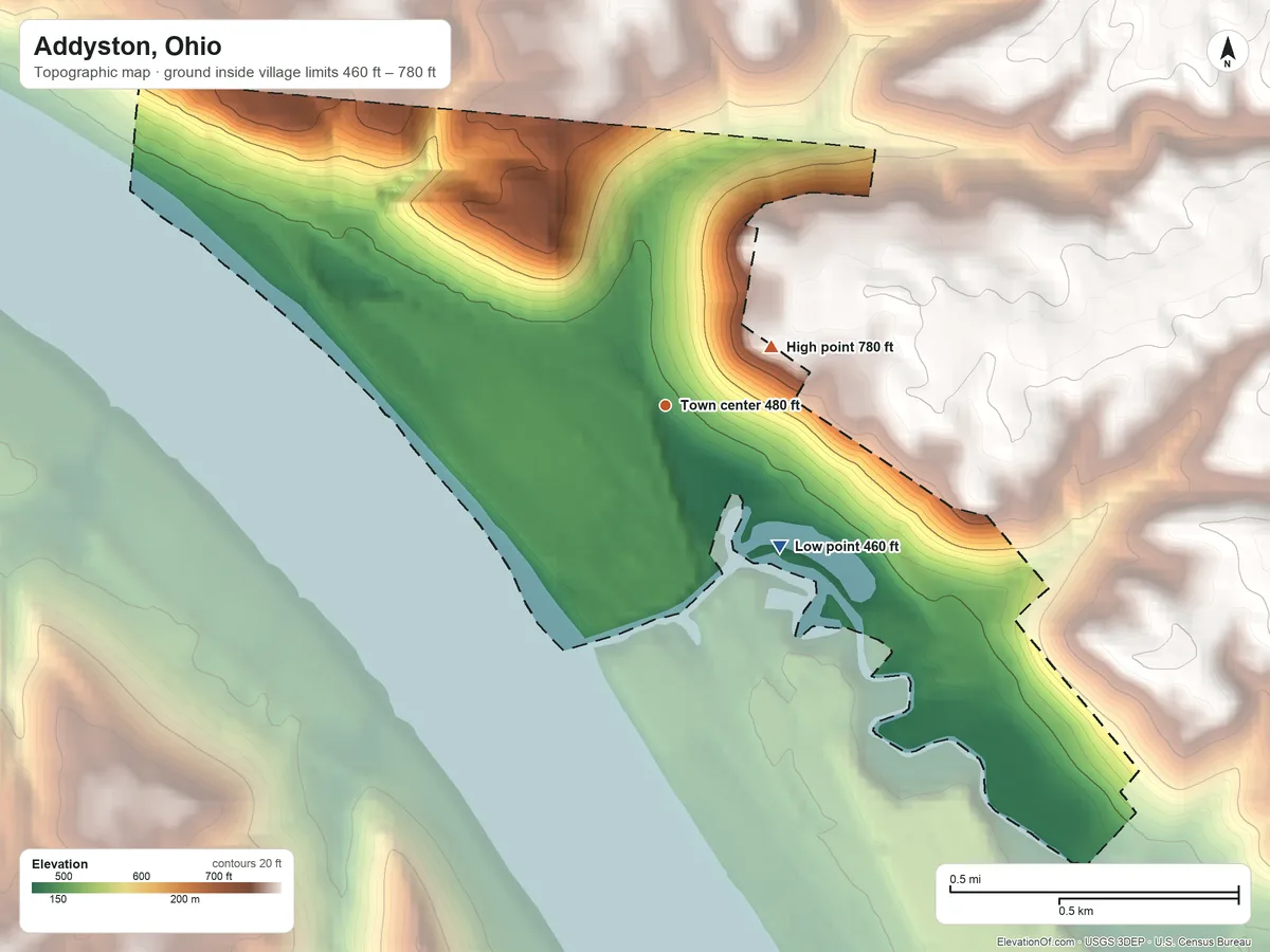 Topographic elevation map of Addyston, Ohio, shaded from 460 ft on the southeast side to 780 ft near the middle