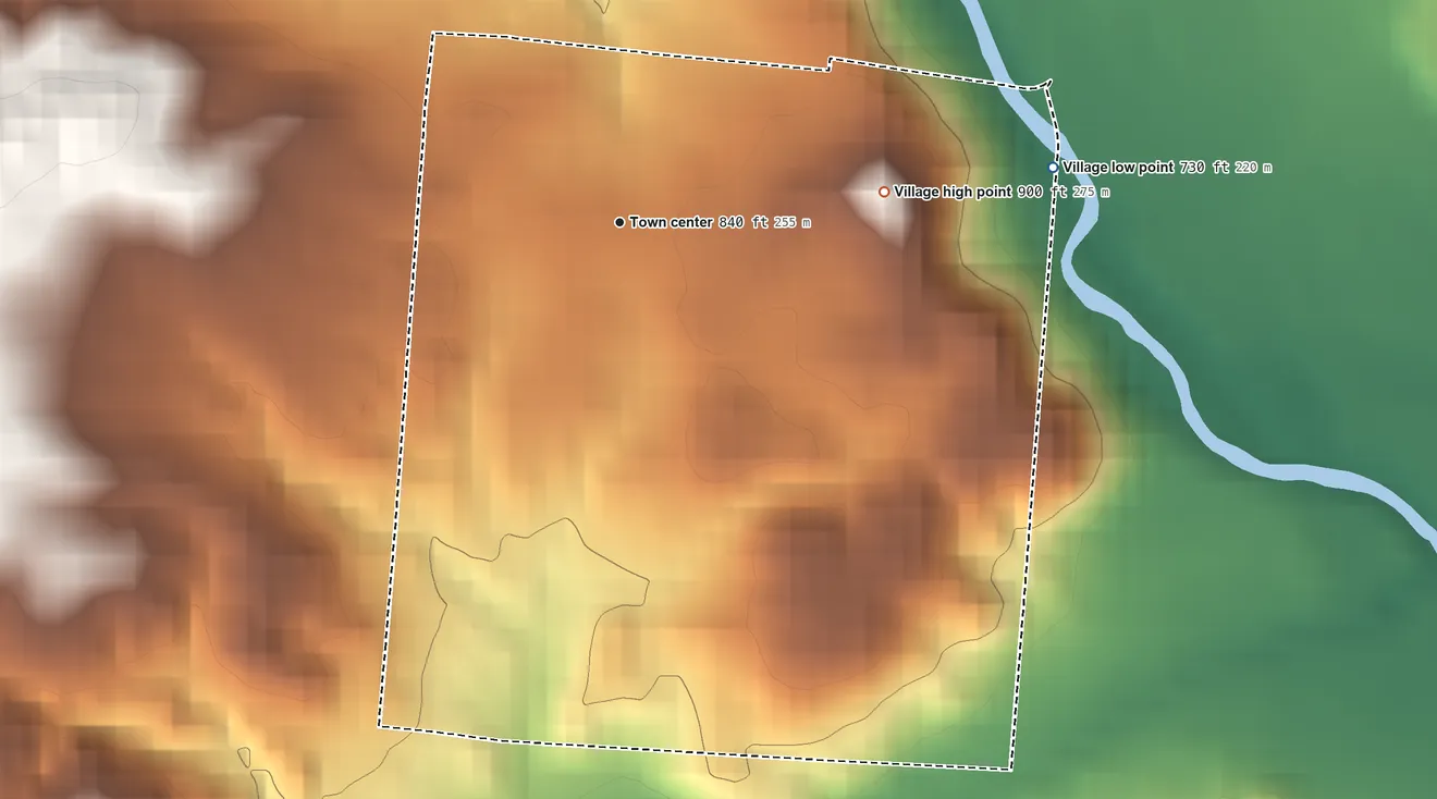 Topographic elevation map of Adelphi, Ohio, shaded from 730 ft on the east side to 900 ft on the east side