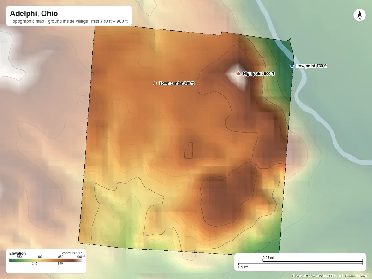 Topographic elevation map of Adelphi, Ohio, shaded from 730 ft on the east side to 900 ft on the east side