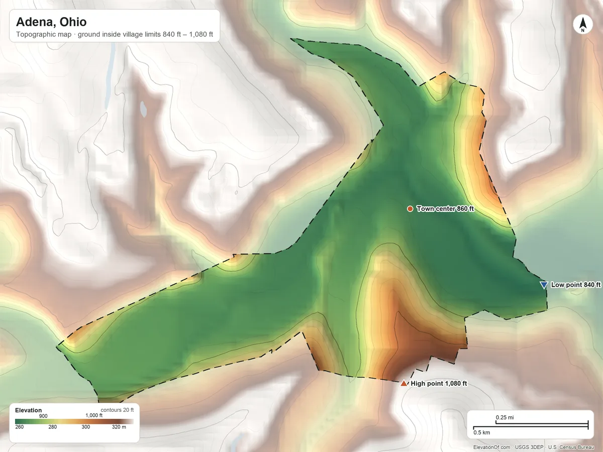 Topographic elevation map of Adena, Ohio, shaded from 840 ft on the southeast side to 1,080 ft on the south side