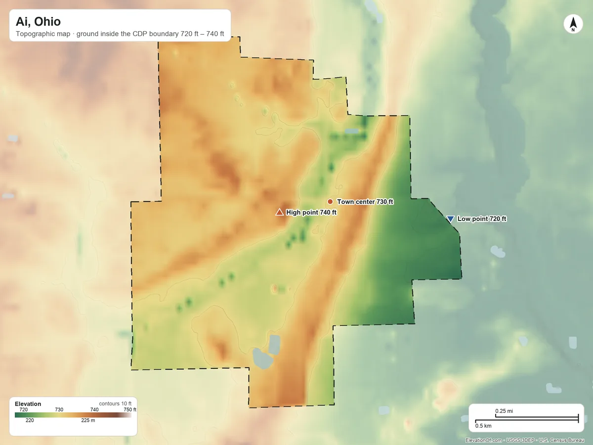 Topographic elevation map of Ai, Ohio, shaded from 720 ft on the east side to 740 ft on the west side