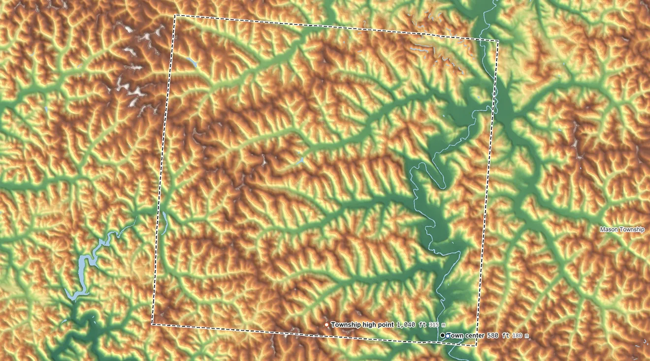 Topographic elevation map of Aid Township, Ohio, shaded from 570 ft near the middle to 1,040 ft on the west side