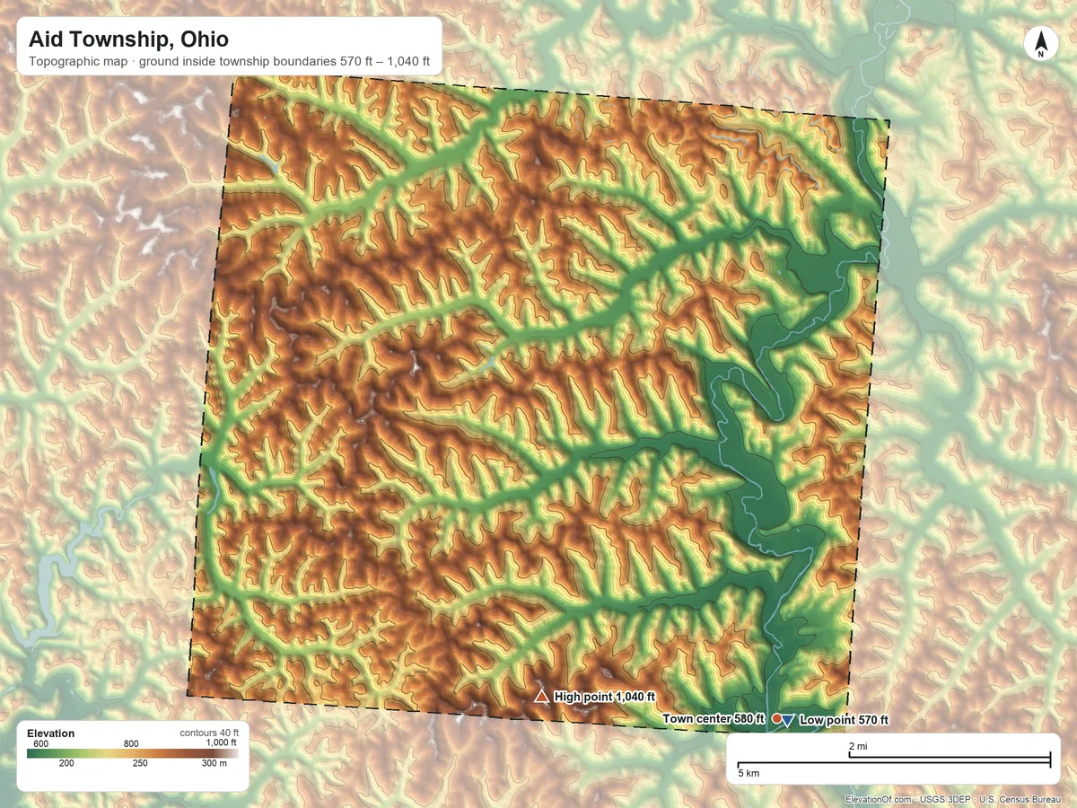 Topographic elevation map of Aid Township, Ohio, shaded from 570 ft near the middle to 1,040 ft on the west side