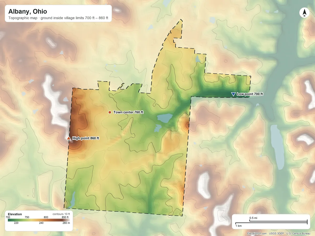 Topographic elevation map of Albany, Ohio, shaded from 700 ft on the east side to 860 ft on the southwest side