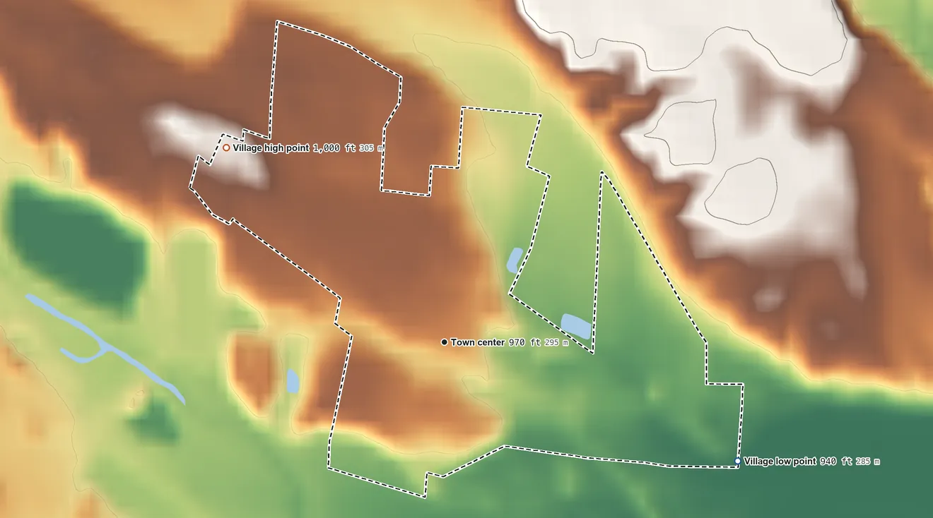 Topographic elevation map of Alexandria, Ohio, shaded from 940 ft on the east side to 1,000 ft on the northwest side