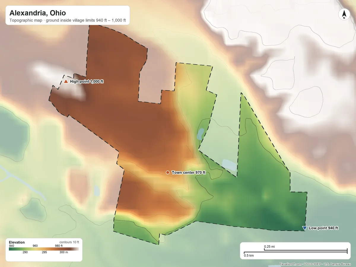 Topographic elevation map of Alexandria, Ohio, shaded from 940 ft on the east side to 1,000 ft on the northwest side