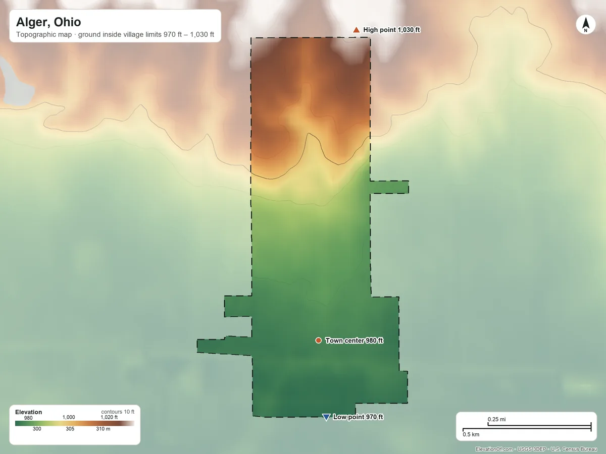 Topographic elevation map of Alger, Ohio, shaded from 970 ft on the south side to 1,030 ft on the north side