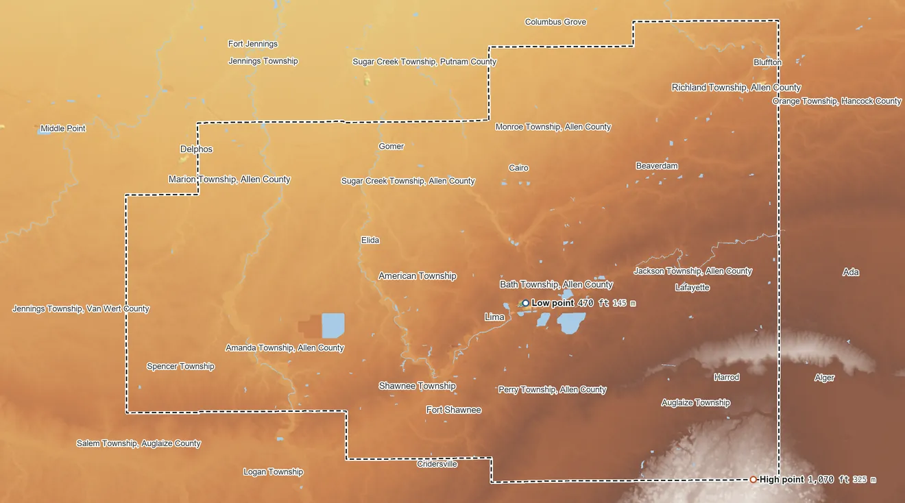 Topographic elevation map of Allen County, Ohio, shaded from 470 ft on the southeast side to 1,070 ft on the southeast side