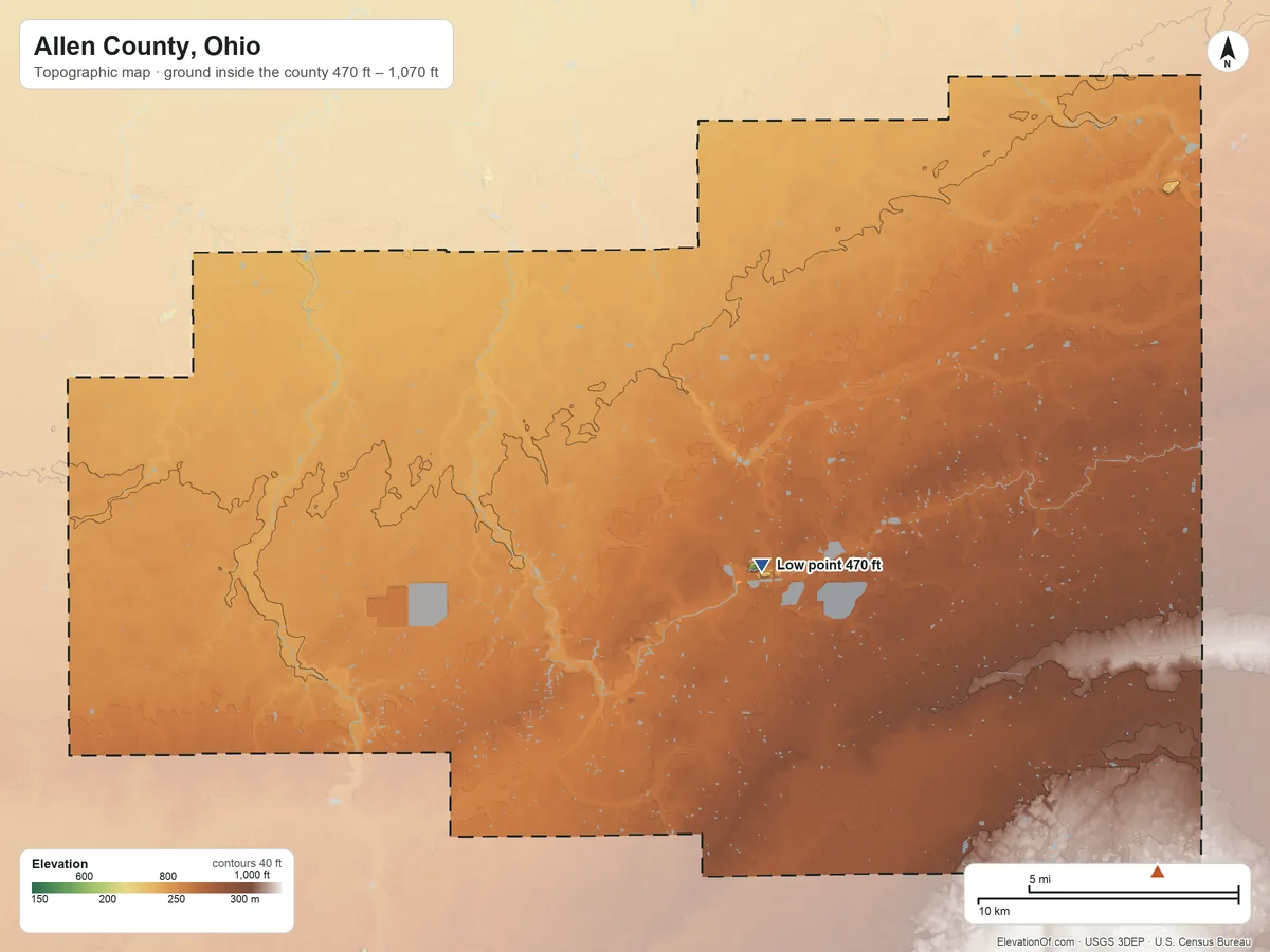 Topographic elevation map of Allen County, Ohio, shaded from 470 ft on the southeast side to 1,070 ft on the southeast side