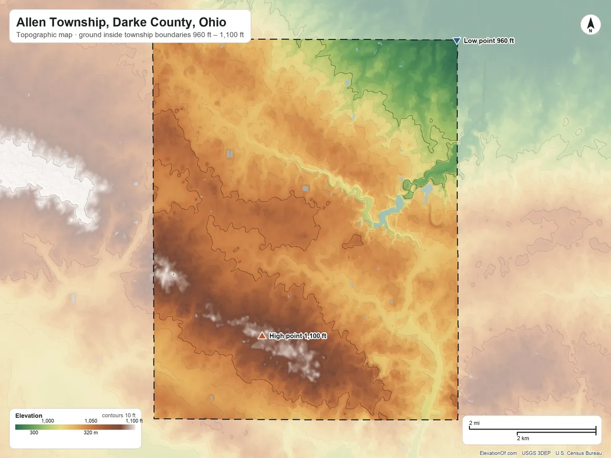 Topographic elevation map of Allen Township, Darke County, Ohio, shaded from 960 ft on the northeast side to 1,100 ft on the southwest side